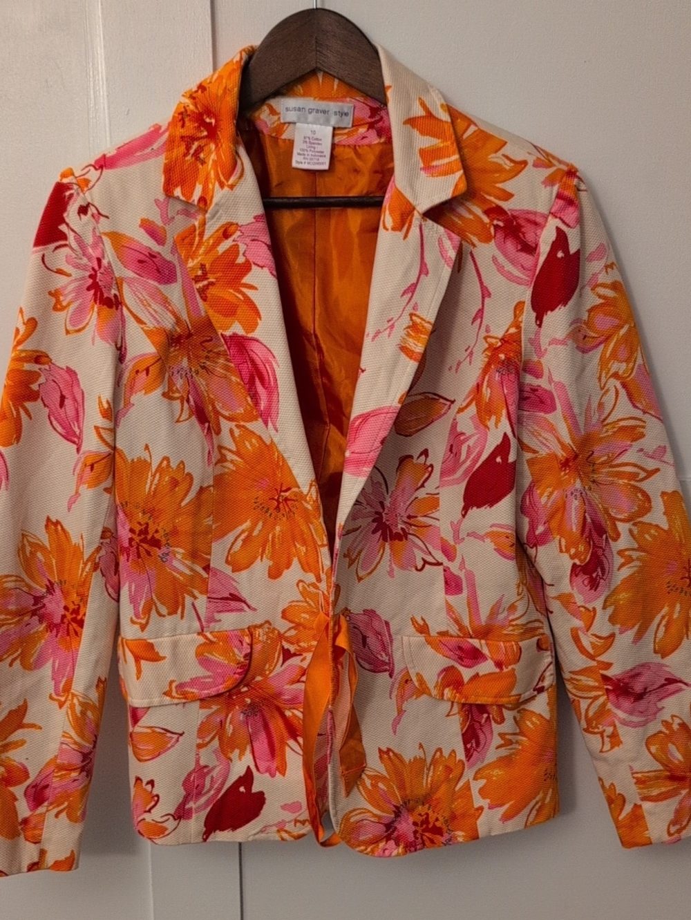 Susan Graver Floral Cotton Blend Blazer - Orange & Pink
